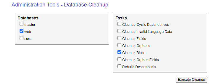 The Sitecore database cleanup page